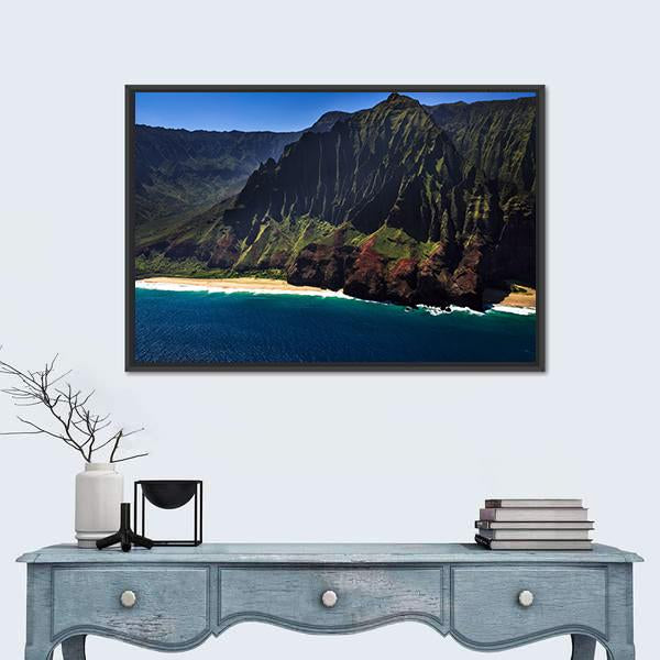 Remote Tropical Coastline Aerial View Canvas Wall Art in brown, green and blue, framed canvas, product view on a white background