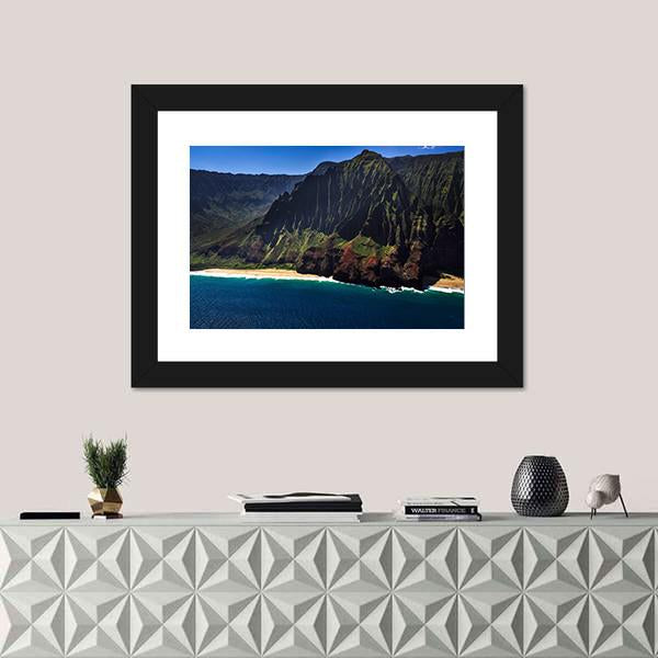 Remote Tropical Coastline Aerial View Canvas Wall Art in brown, green and blue, framed print, product view on a white background