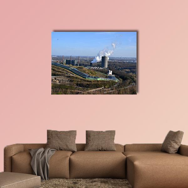 View of the Ruhr Region Canvas Wall Art in gray, brown and blue, single panel hung on a wall