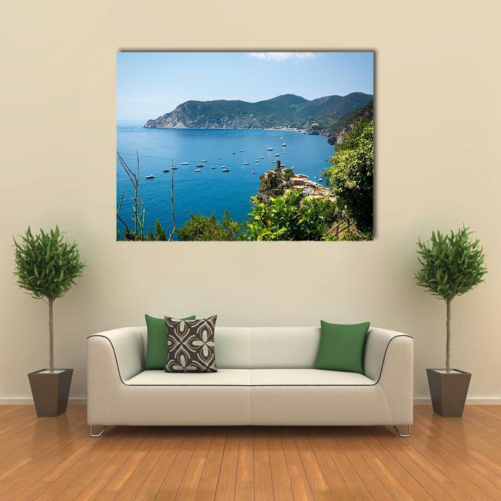 Sea View of the Ligurian Coast Canvas Wall Art in green and blue, single panel hung on a wall