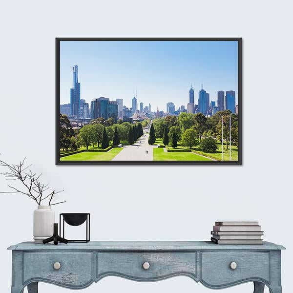 City Skyline with Park Path Canvas Wall Art in gray, green and blue, framed canvas, product view on a white background