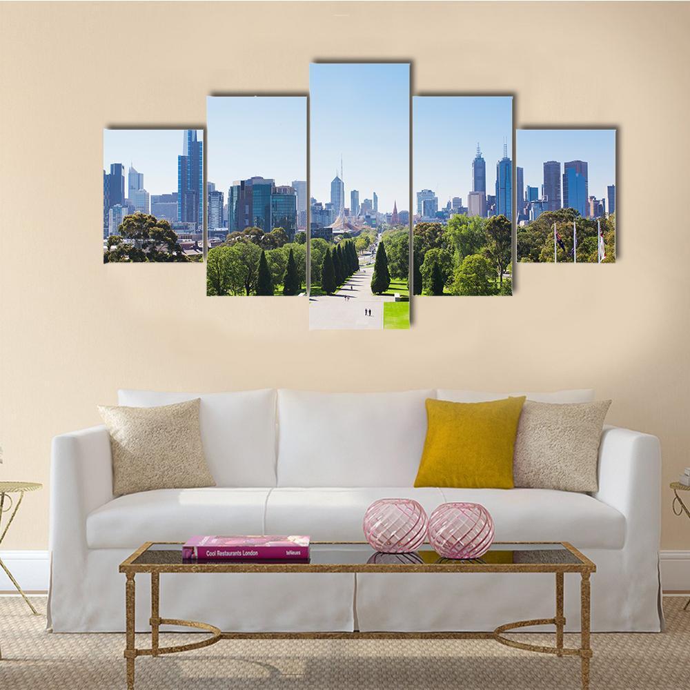 View Of The Skyline In Melbourne Canvas Wall Art-5 Star-Gallery Wrap-62" x 32"-Tiaracle
