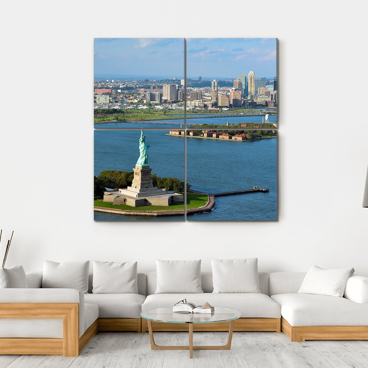 View Of The Statue Of Liberty And Manhattan Canvas Wall Art-4 Square-Gallery Wrap-17" x 17"-Tiaracle