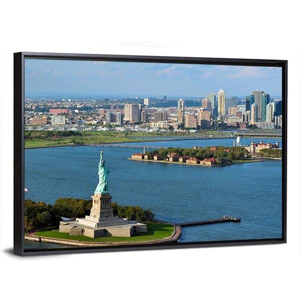 View Of The Statue Of Liberty And Manhattan Canvas Wall Art-3 Horizontal-Gallery Wrap-25" x 16"-Tiaracle