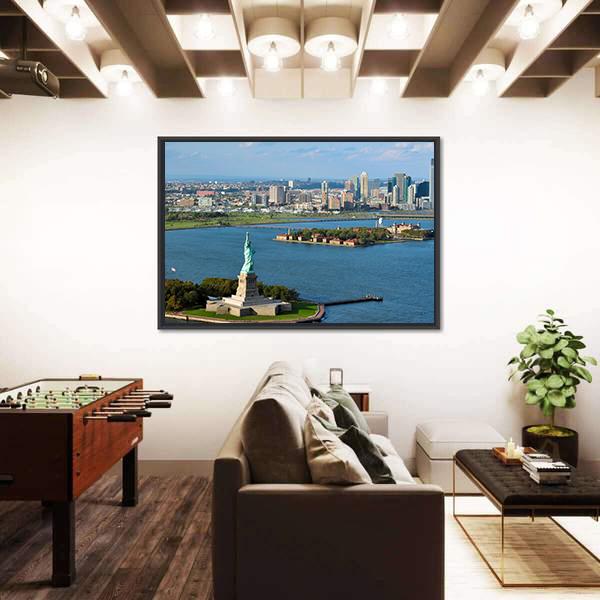 View Of The Statue Of Liberty And Manhattan Canvas Wall Art-3 Horizontal-Gallery Wrap-25" x 16"-Tiaracle