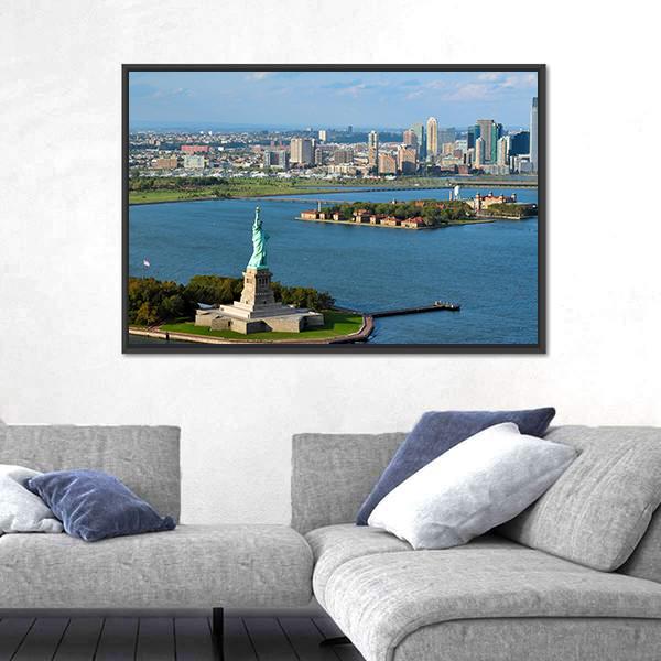 View Of The Statue Of Liberty And Manhattan Canvas Wall Art-3 Horizontal-Gallery Wrap-25" x 16"-Tiaracle