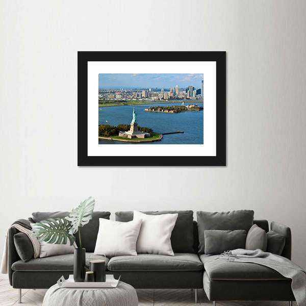 View Of The Statue Of Liberty And Manhattan Canvas Wall Art-3 Horizontal-Gallery Wrap-25" x 16"-Tiaracle