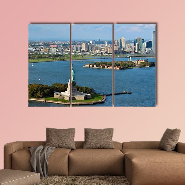 View Of The Statue Of Liberty And Manhattan Canvas Wall Art-3 Horizontal-Gallery Wrap-37" x 24"-Tiaracle