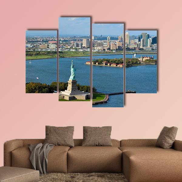 View Of The Statue Of Liberty And Manhattan Canvas Wall Art-4 Pop-Gallery Wrap-50" x 32"-Tiaracle