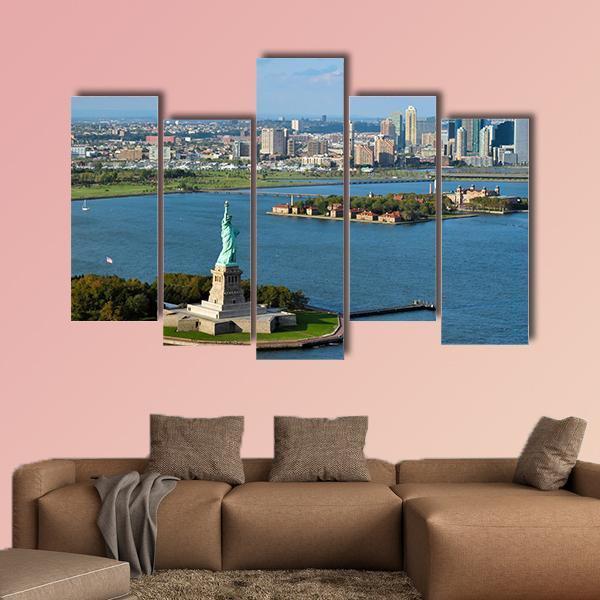 View Of The Statue Of Liberty And Manhattan Canvas Wall Art-5 Pop-Gallery Wrap-47" x 32"-Tiaracle