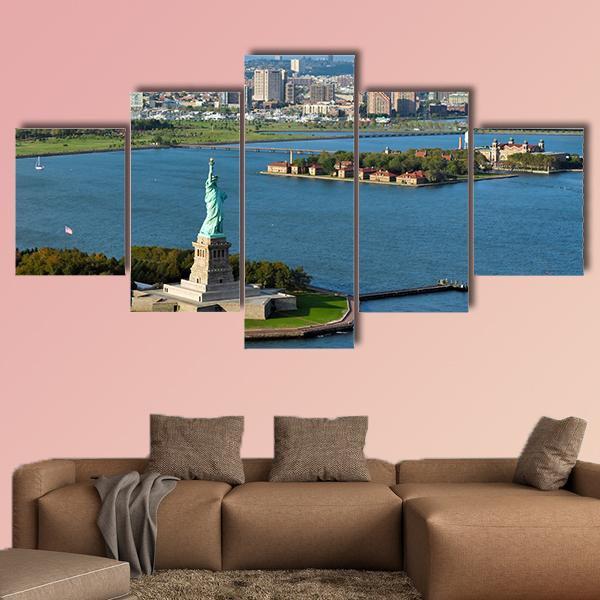 View Of The Statue Of Liberty And Manhattan Canvas Wall Art-5 Star-Gallery Wrap-62" x 32"-Tiaracle