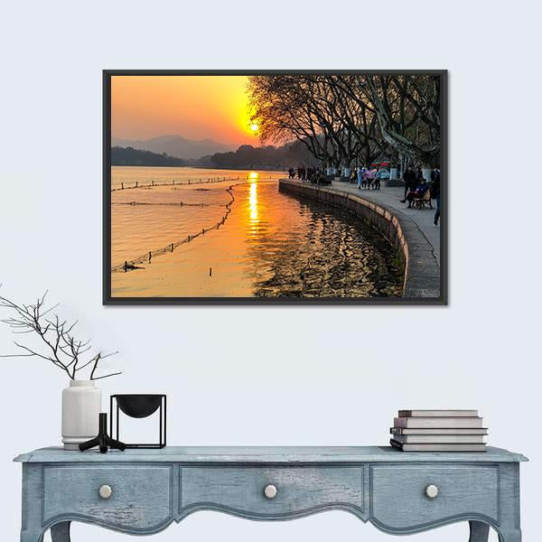 View Of The West Lake During Sunset Canvas Wall Art-1 Piece-Floating Frame-24" x 16"-Tiaracle