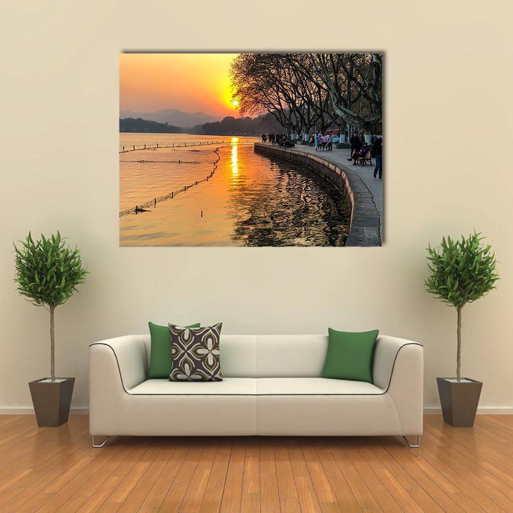 View Of The West Lake During Sunset Canvas Wall Art-1 Piece-Gallery Wrap-48" x 32"-Tiaracle