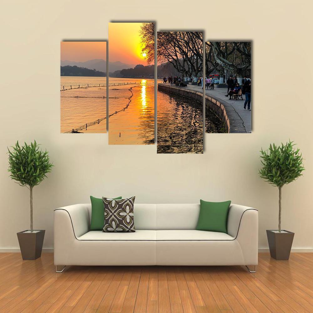 View Of The West Lake During Sunset Canvas Wall Art-4 Pop-Gallery Wrap-50" x 32"-Tiaracle