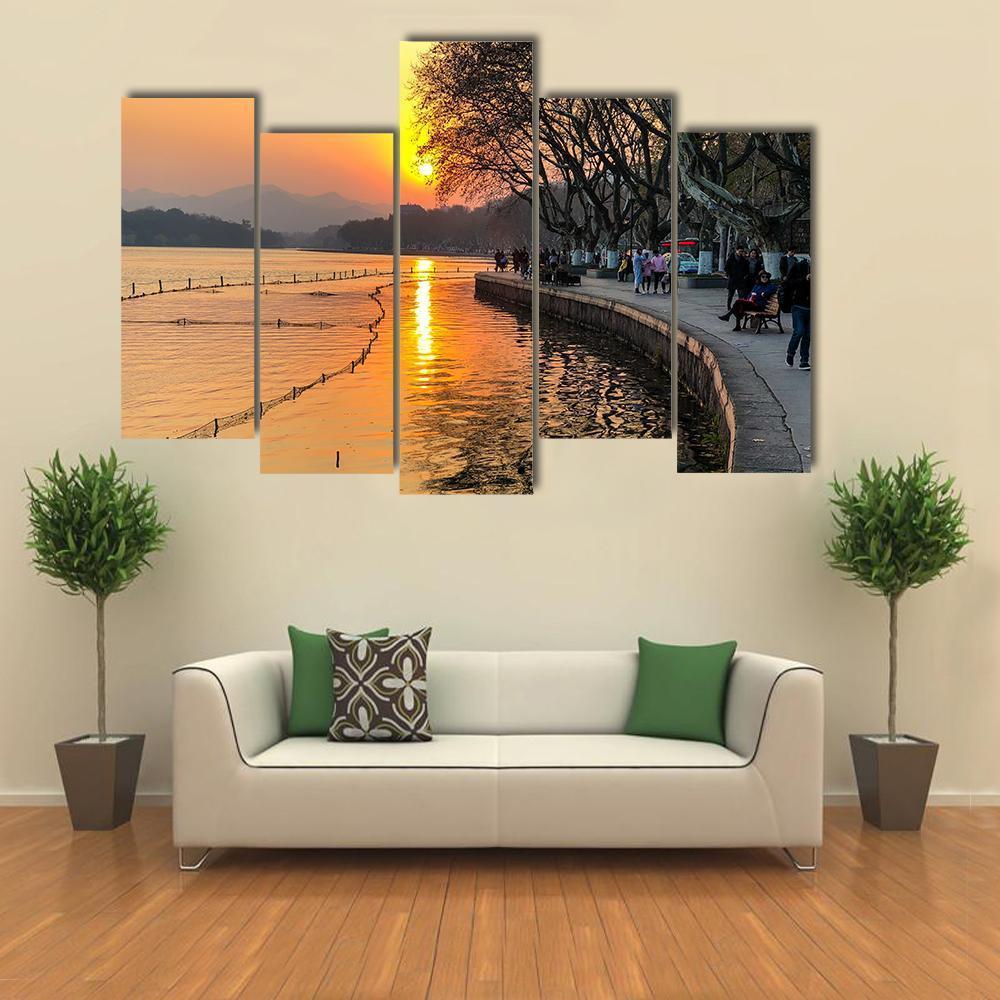 View Of The West Lake During Sunset Canvas Wall Art-5 Pop-Gallery Wrap-47" x 32"-Tiaracle
