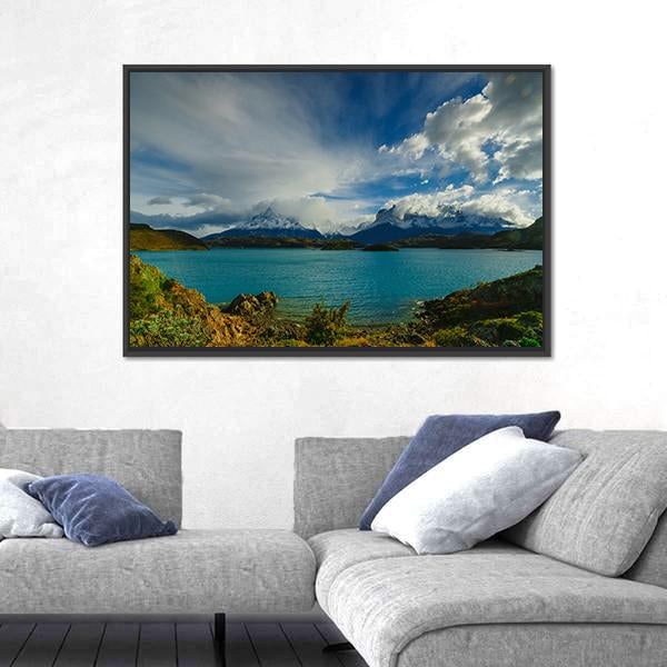 Torres Mountains From Lake Canvas Wall Art-1 Piece-Floating Frame-24" x 16"-Tiaracle