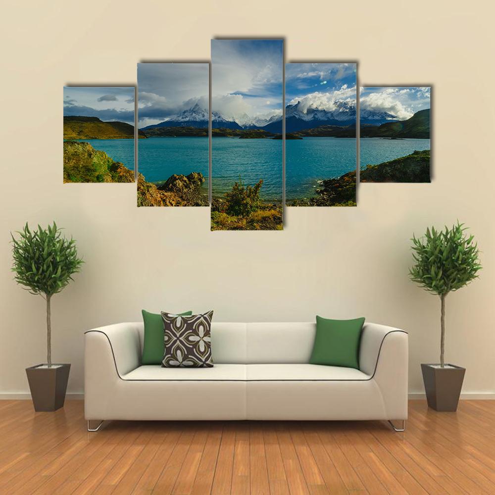 Torres Mountains From Lake Canvas Wall Art-5 Star-Gallery Wrap-62" x 32"-Tiaracle