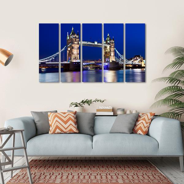 View Of Tower Bridge In London At Night Canvas Wall Art-5 Horizontal-Gallery Wrap-22" x 12"-Tiaracle