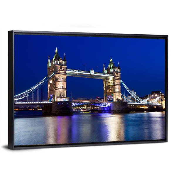 View Of Tower Bridge In London At Night Canvas Wall Art-3 Horizontal-Gallery Wrap-25" x 16"-Tiaracle