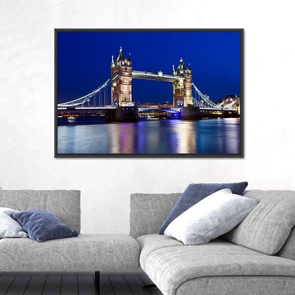View Of Tower Bridge In London At Night Canvas Wall Art-3 Horizontal-Gallery Wrap-25" x 16"-Tiaracle
