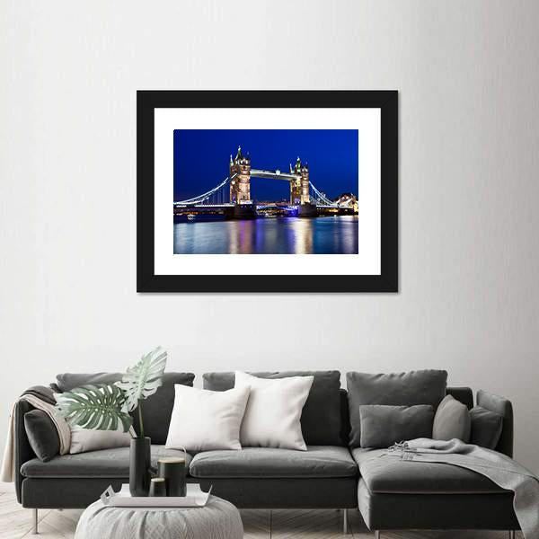 View Of Tower Bridge In London At Night Canvas Wall Art-5 Horizontal-Gallery Wrap-22" x 12"-Tiaracle
