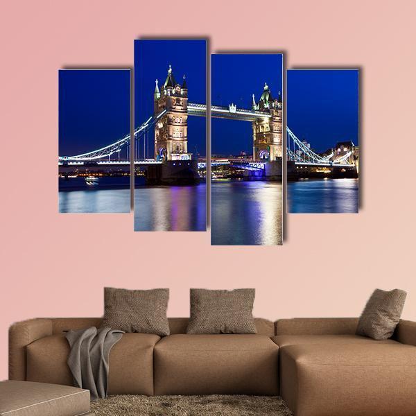 View Of Tower Bridge In London At Night Canvas Wall Art-4 Pop-Gallery Wrap-50" x 32"-Tiaracle