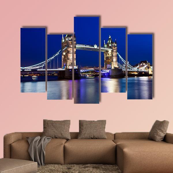 View Of Tower Bridge In London At Night Canvas Wall Art-5 Pop-Gallery Wrap-47" x 32"-Tiaracle