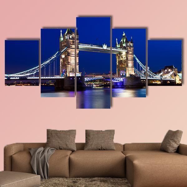 View Of Tower Bridge In London At Night Canvas Wall Art-5 Star-Gallery Wrap-62" x 32"-Tiaracle