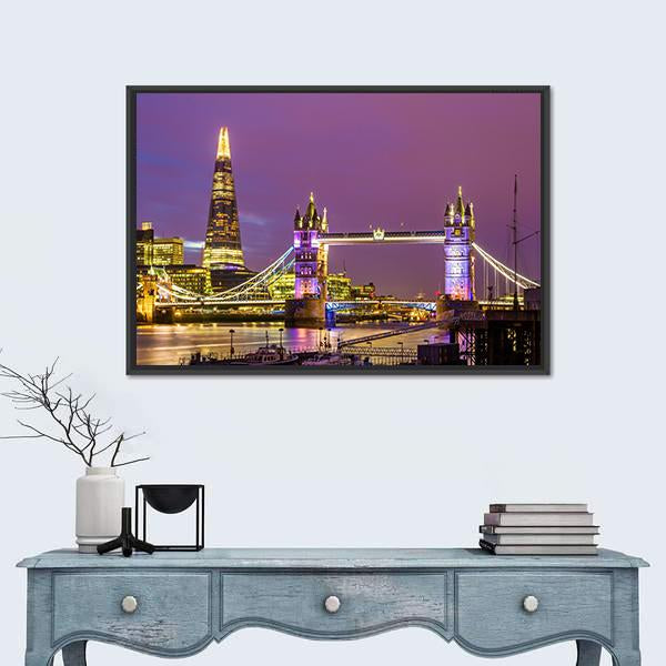 View of Tower Bridge In The Evening London Canvas Wall Art-1 Piece-Floating Frame-24" x 16"-Tiaracle