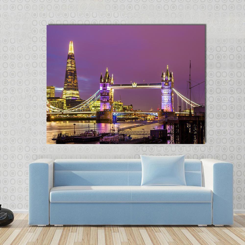 Tower Bridge in the Evening, London Canvas Wall Art in gold, yellow and purple, single panel hung on a wall