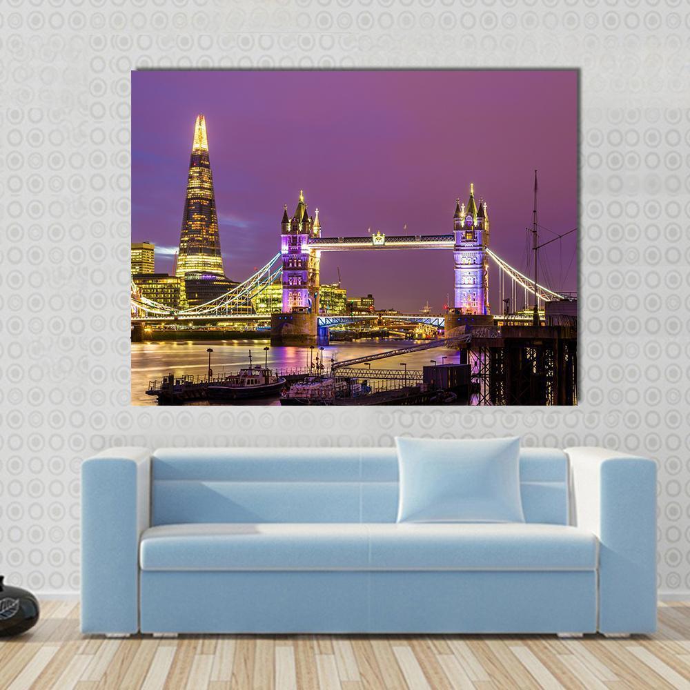 View of Tower Bridge In The Evening London Canvas Wall Art-1 Piece-Gallery Wrap-48" x 32"-Tiaracle