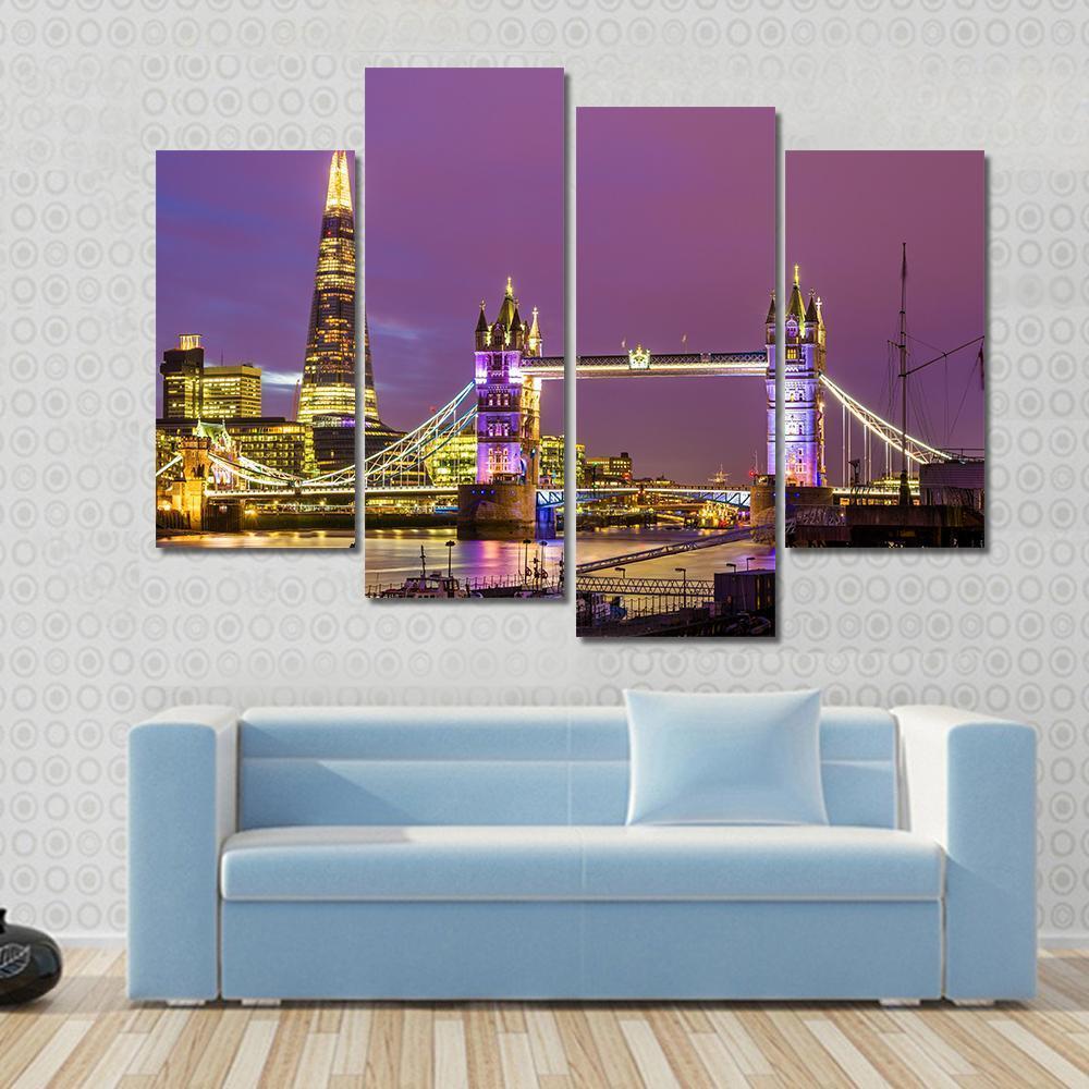 View of Tower Bridge In The Evening London Canvas Wall Art-4 Pop-Gallery Wrap-50" x 32"-Tiaracle