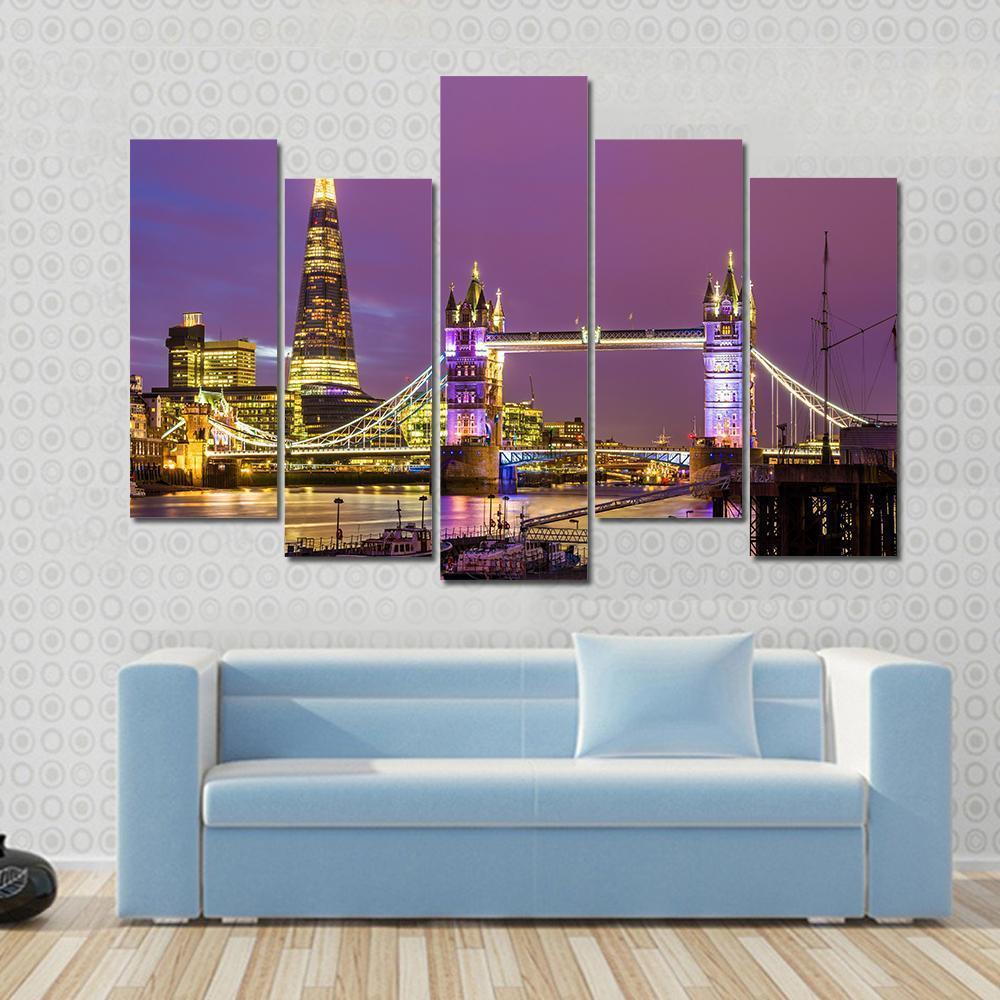 View of Tower Bridge In The Evening London Canvas Wall Art-5 Pop-Gallery Wrap-47" x 32"-Tiaracle