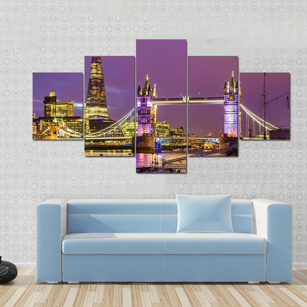 View of Tower Bridge In The Evening London Canvas Wall Art-5 Star-Gallery Wrap-62" x 32"-Tiaracle
