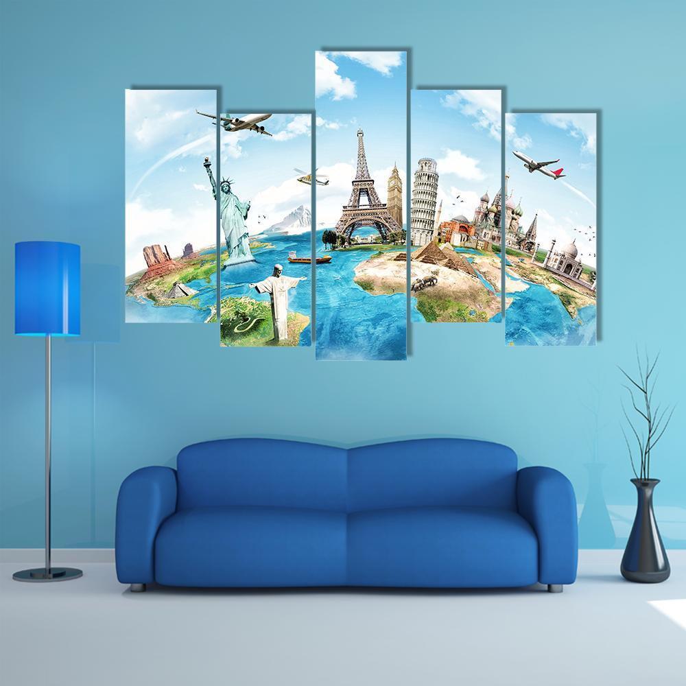 Travel Around The World Canvas Wall Art-5 Pop-Gallery Wrap-47" x 32"-Tiaracle