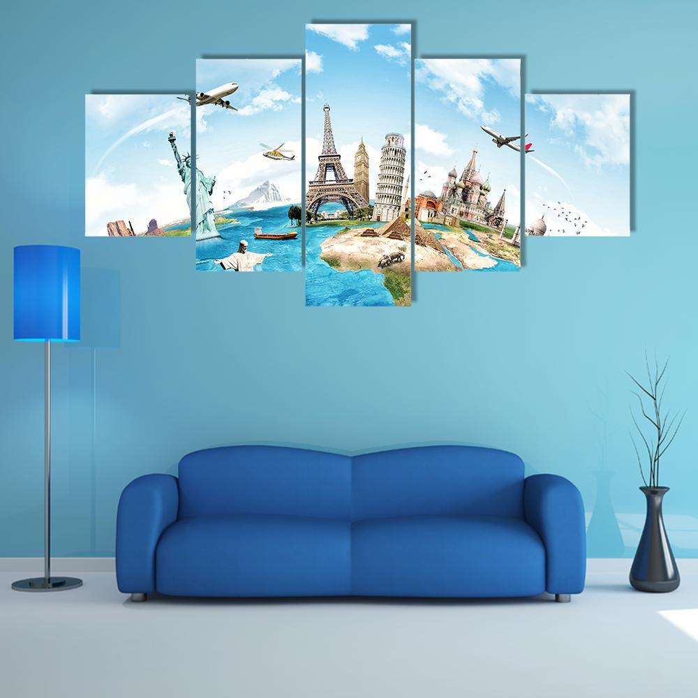 Travel Around The World Canvas Wall Art-5 Star-Gallery Wrap-62" x 32"-Tiaracle