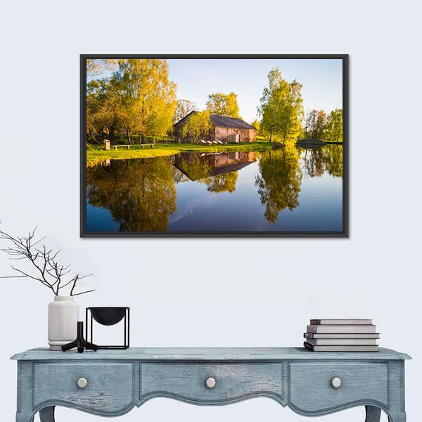View Of Tree Reflection In The Lake Canvas Wall Art-1 Piece-Floating Frame-24" x 16"-Tiaracle