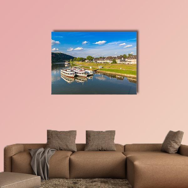 View of Trier on a Summer Day Canvas Wall Art in white, green and blue, single panel hung on a wall