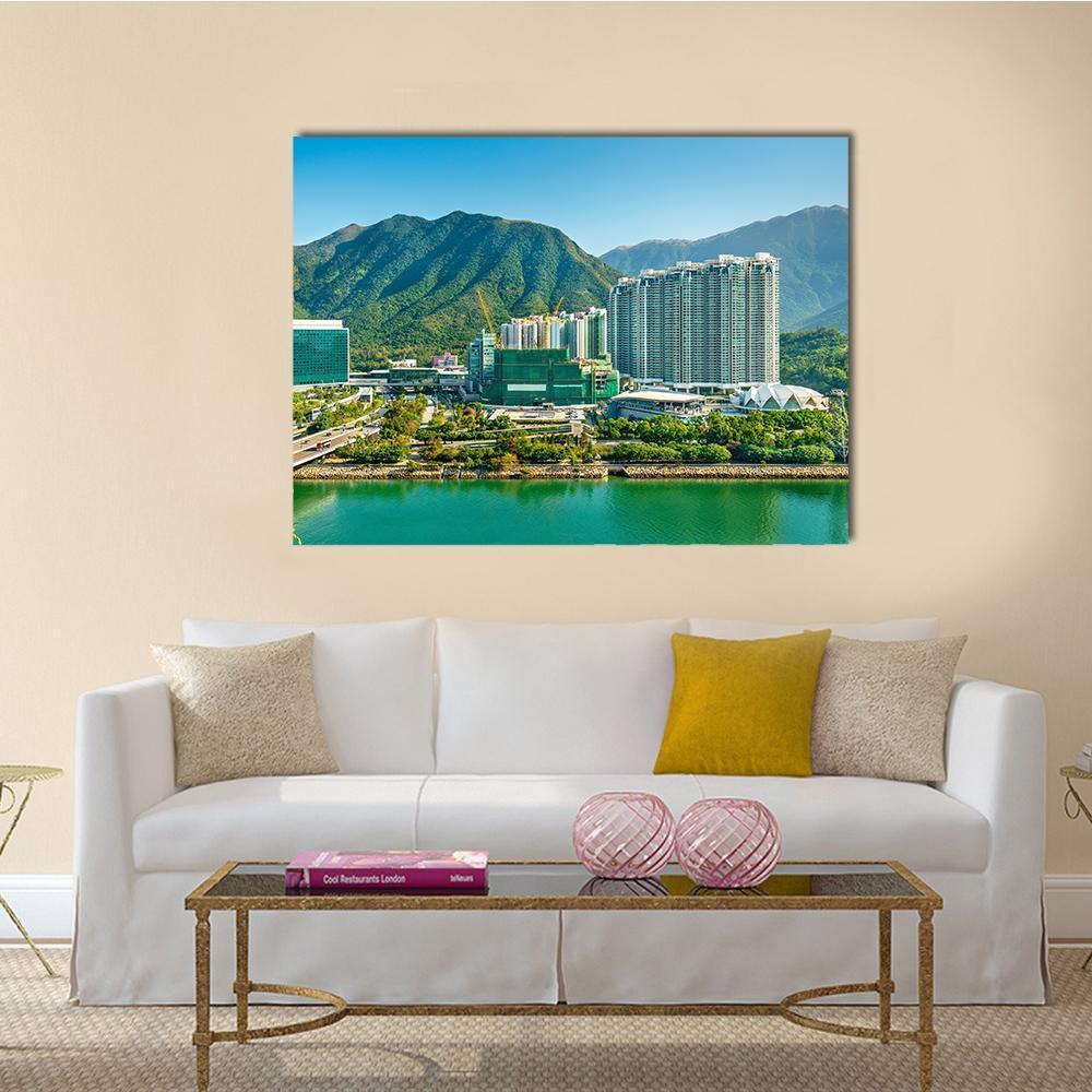 Tung Chung Hong Kong Cityscape Canvas Wall Art in green and blue, single panel hung on a wall