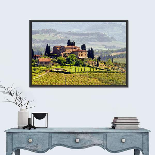 View Of Tuscany Vineyard Canvas Wall Art-1 Piece-Floating Frame-24" x 16"-Tiaracle