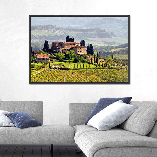 Tuscan Vineyard View Canvas Wall Art in yellow, green and blue, framed canvas, product view on a white background