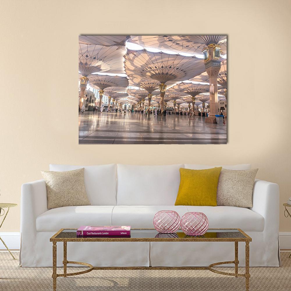 Umbrellas at Nabawi Mosque in Medina Canvas Wall Art in white, gray and beige, single panel hung on a wall