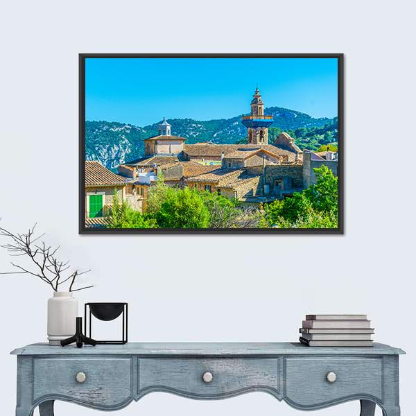 View Of Valldemossa With Catholica Church Canvas Wall Art-1 Piece-Floating Frame-24" x 16"-Tiaracle