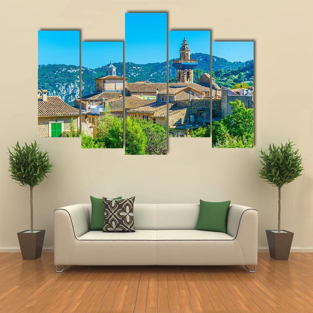 View Of Valldemossa With Catholica Church Canvas Wall Art-5 Pop-Gallery Wrap-47" x 32"-Tiaracle