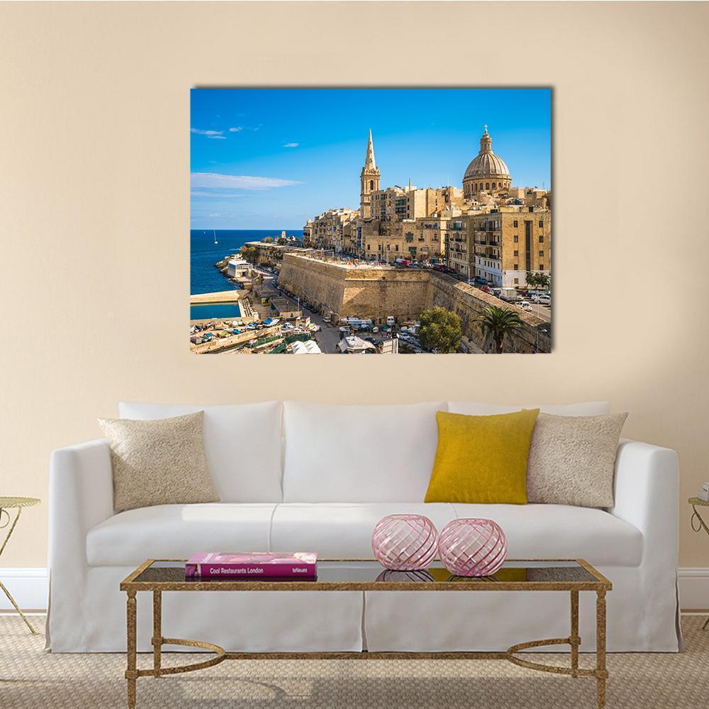 Valletta Harbor and Historic Skyline Canvas Wall Art in beige, brown and blue, single panel hung on a wall