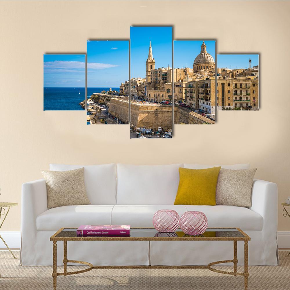 View Of Valletta City Canvas Wall Art-5 Star-Gallery Wrap-62" x 32"-Tiaracle