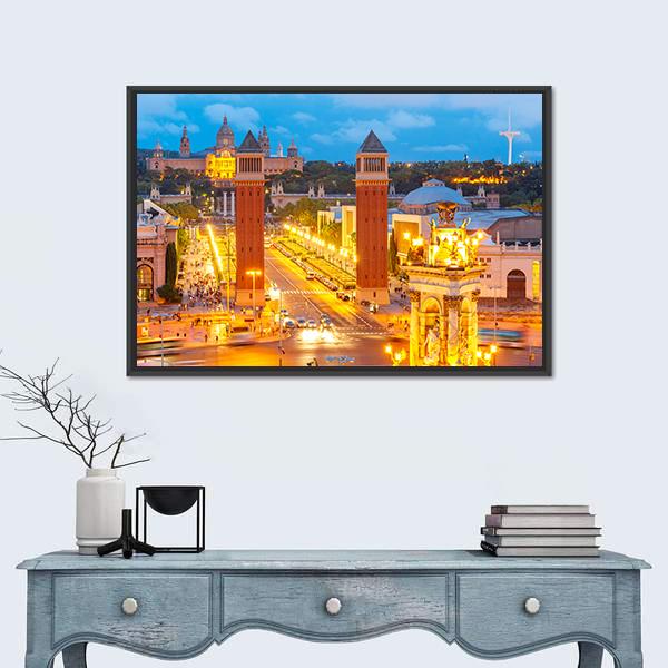 View Of Venetian Columns At Night In Catalonia Canvas Wall Art-1 Piece-Floating Frame-24" x 16"-Tiaracle