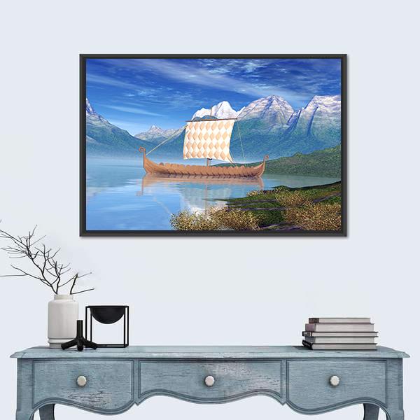 View Of Viking Ship Canvas Wall Art-1 Piece-Floating Frame-24" x 16"-Tiaracle