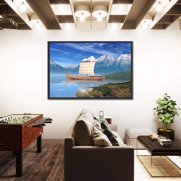 View Of Viking Ship Canvas Wall Art-5 Horizontal-Gallery Wrap-22" x 12"-Tiaracle