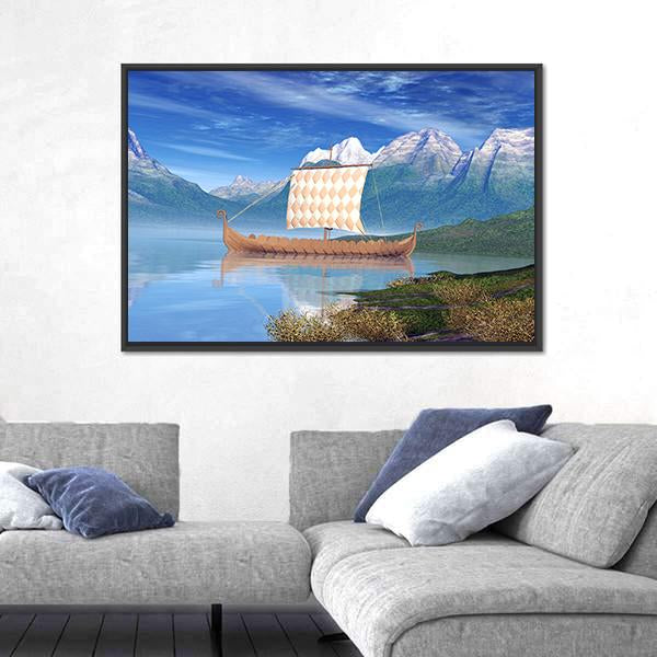 View Of Viking Ship Canvas Wall Art-5 Horizontal-Gallery Wrap-22" x 12"-Tiaracle
